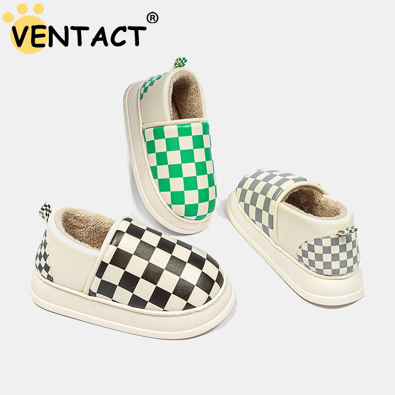 VENTACT Winter Slippers Fur Warm Flats Shoes Women Home Thick Bottom Waterproof Cotton Shoes Non-Slip Ins Footwear Plaids Casual