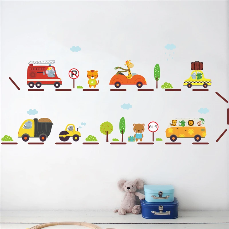 Animal City Bus Stop Cars Transportation Wall Stickers For Kids Bedoom Decor Nursery Safari DecalMural Art Diy Home Decoration