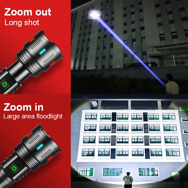 20000000LM Most Powerful LED Flashlight USB Rechargeable Lamp 900W LED Flashlights Super Bright Zoomable Torch Long Shot 4000M