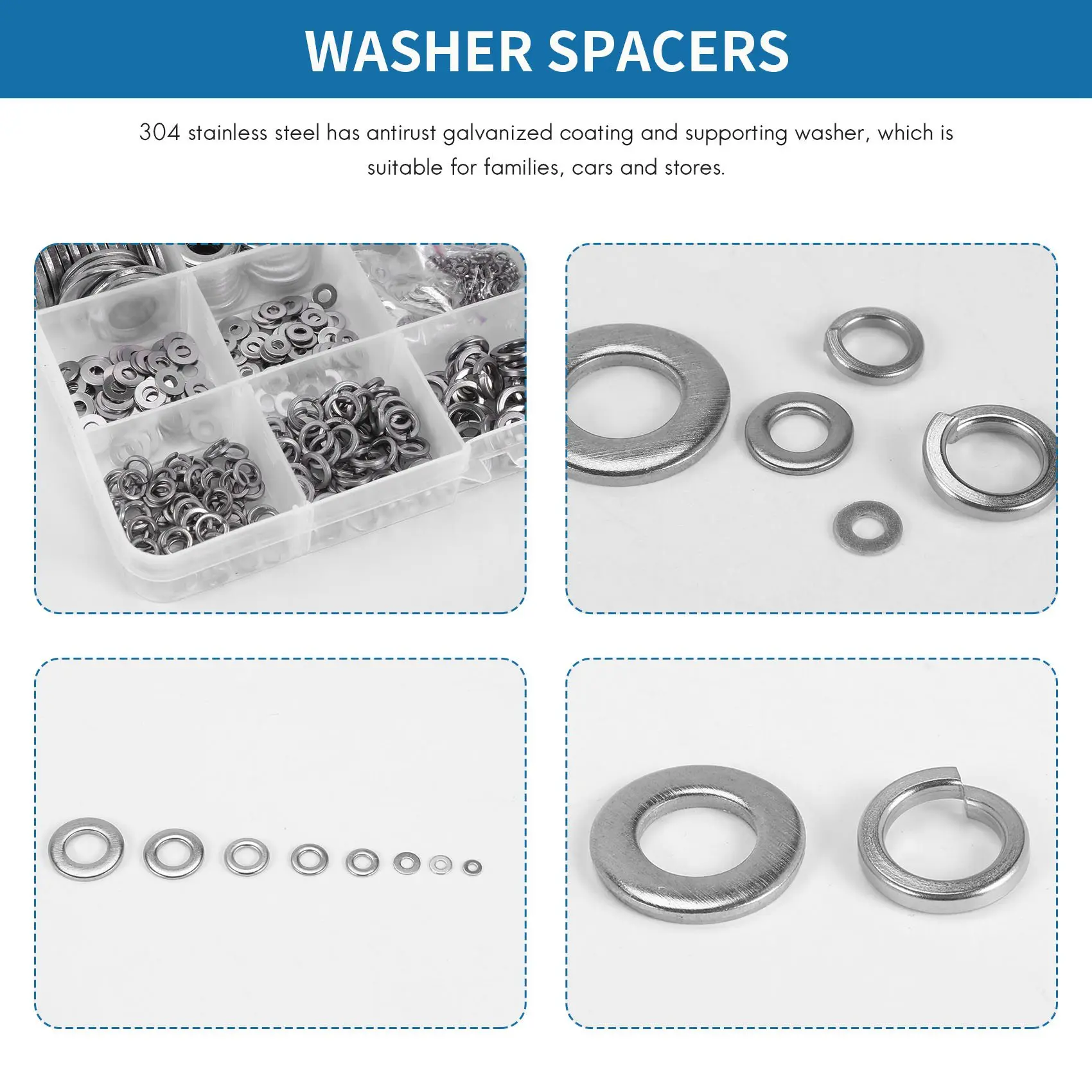 AT19-304 Stainless Steel Flat Washer And Lock Washer Assortment Set(700 Pieces, 8 Sizes) - M2 M2.5 M3 M5 M6 M8 M10