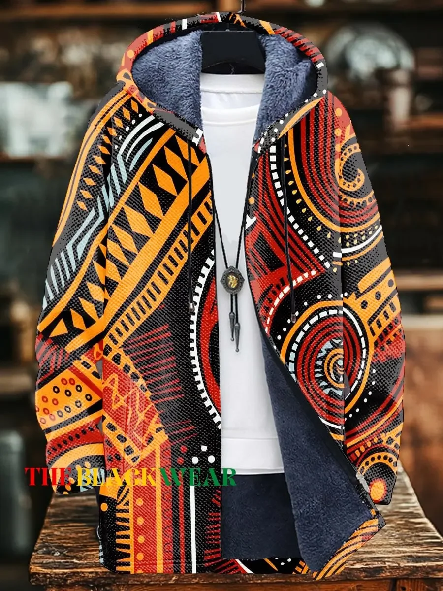 

Colorful Africa Geometric Stripes Art Print Unisex Plush Thick Long-Sleeved Cardigan Coat Hoodies Fleece Lined Zipper Coats