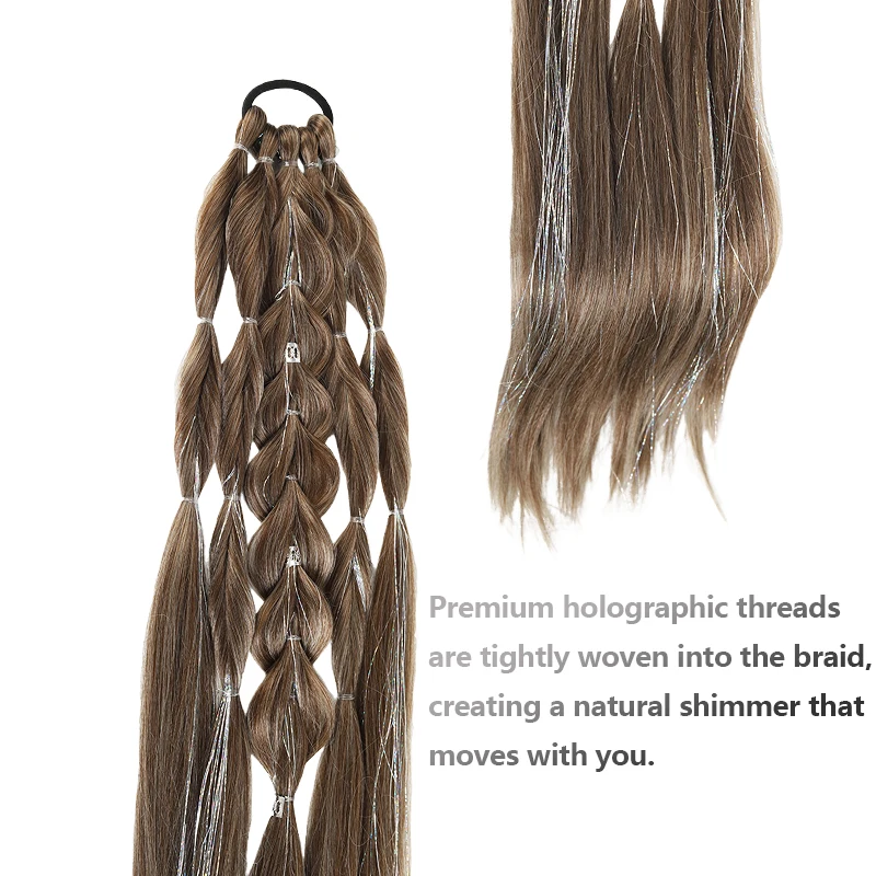 Fashion Street Photo Synthetic Wig with Laser Thread, Long Bubble Lantern Braid Ponytail Extension, Trendy Hairpiece for Girls