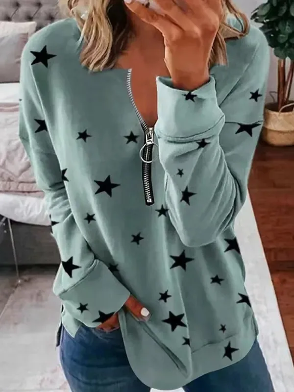 Wholesale Of Cross-Border Long Sleeved Star Pattern Series Zippered Women's New Fashionable And Creative Round Neck TopsWF4