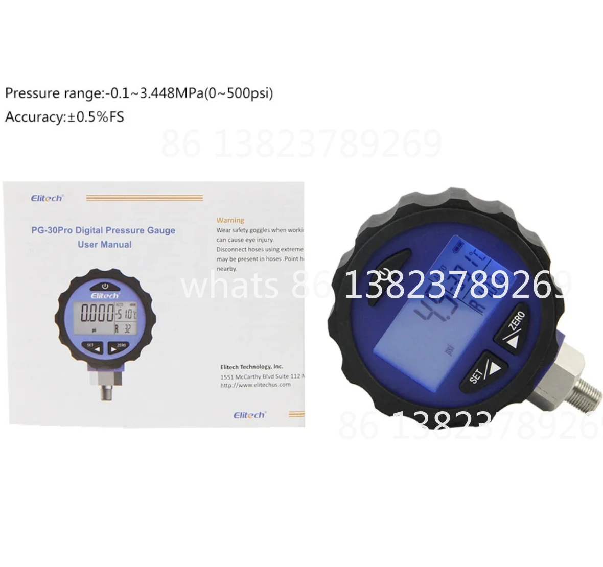 Elitech high pressure low pressure PG-30Pro Blue Red Refrigeration HVAC Digital Pressure Gauge 87+ Refrigerants