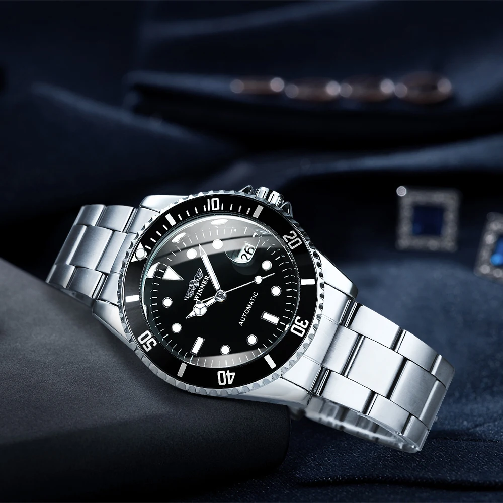 WINNER Business Mechanical Watches Luxury Brand Automatic Watch for Men Rotatable Bezel Luminous Design Steel Strap Wristwatches