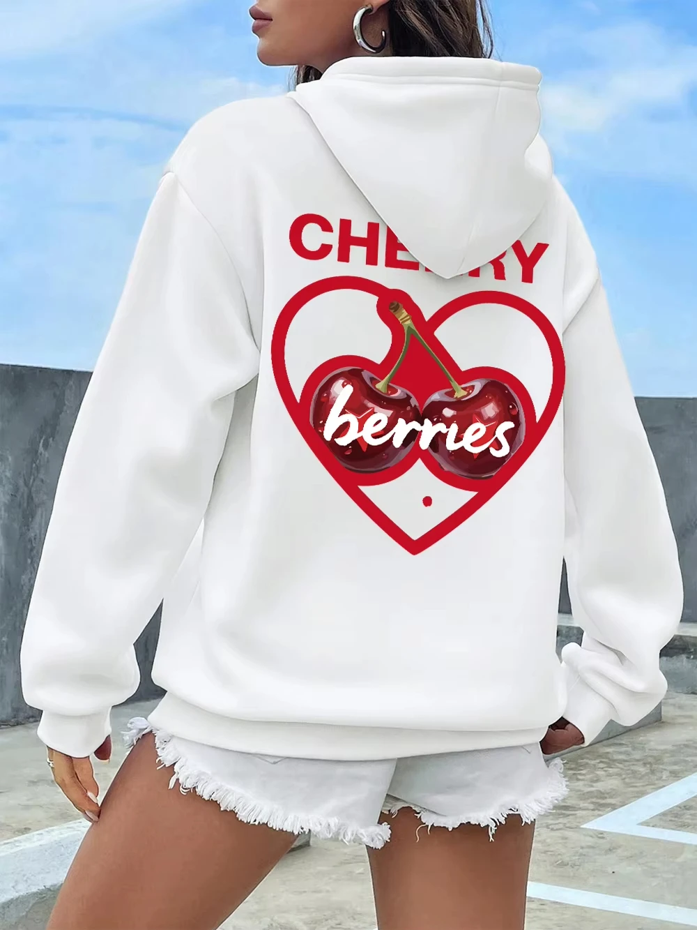 

Heart Made Up of Two Cherries Prints Hoodie Women Winter Fleece Warm Sweatshirt Casual Pocket Pullover Comfortable Loose Clothes