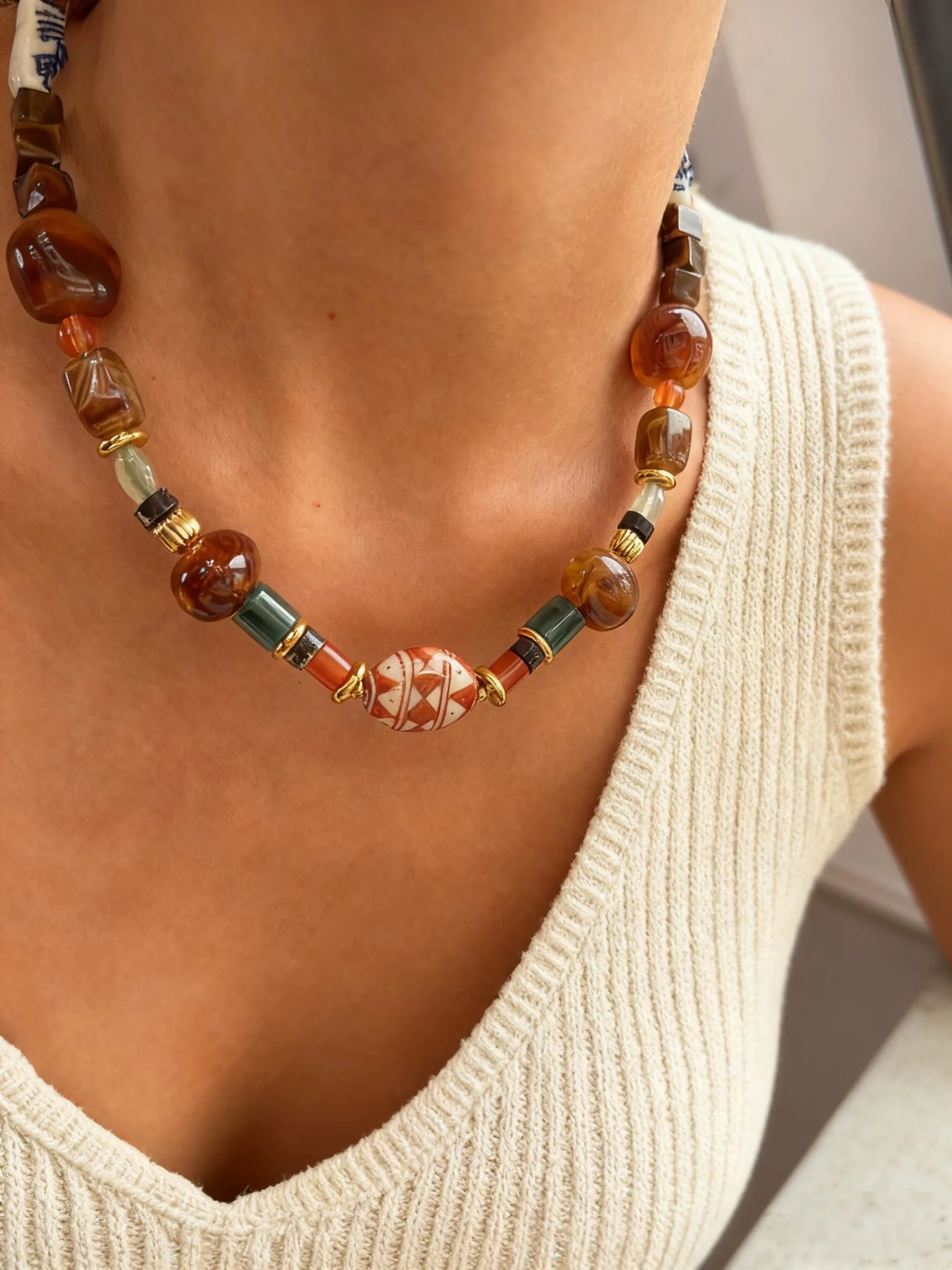 Peri'sbox Bohemian Style Unique Ceramic Natural Stone Resin Bead Women's Necklace Handmade Bead Classic Elegant Jewelry Gifts