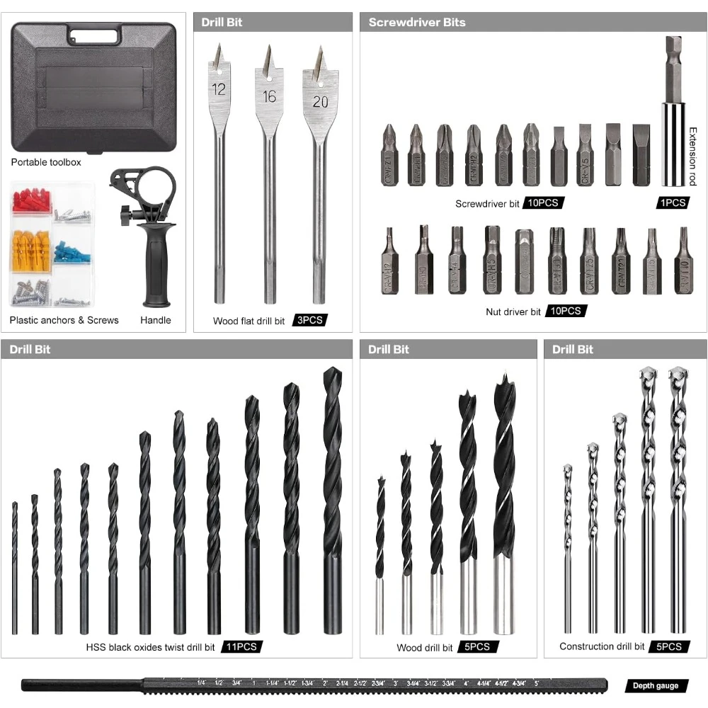 Hammer Drill, 4.5A 1/2 Corded Hammer Kit, 0-3000RPM Variable Speed Impact Drill with 105pcs Drill Bit Set, Carrying Case Include