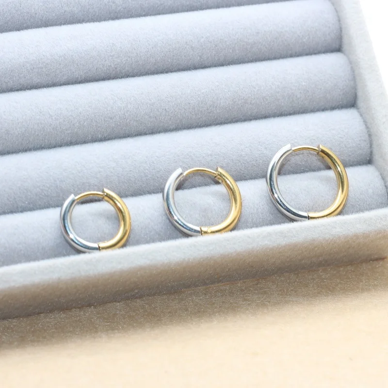 Stainless Steel Circular  10 12 14mm Golden-Plated Hoop Earrings No Fade Allergy Free Classical Brief Style