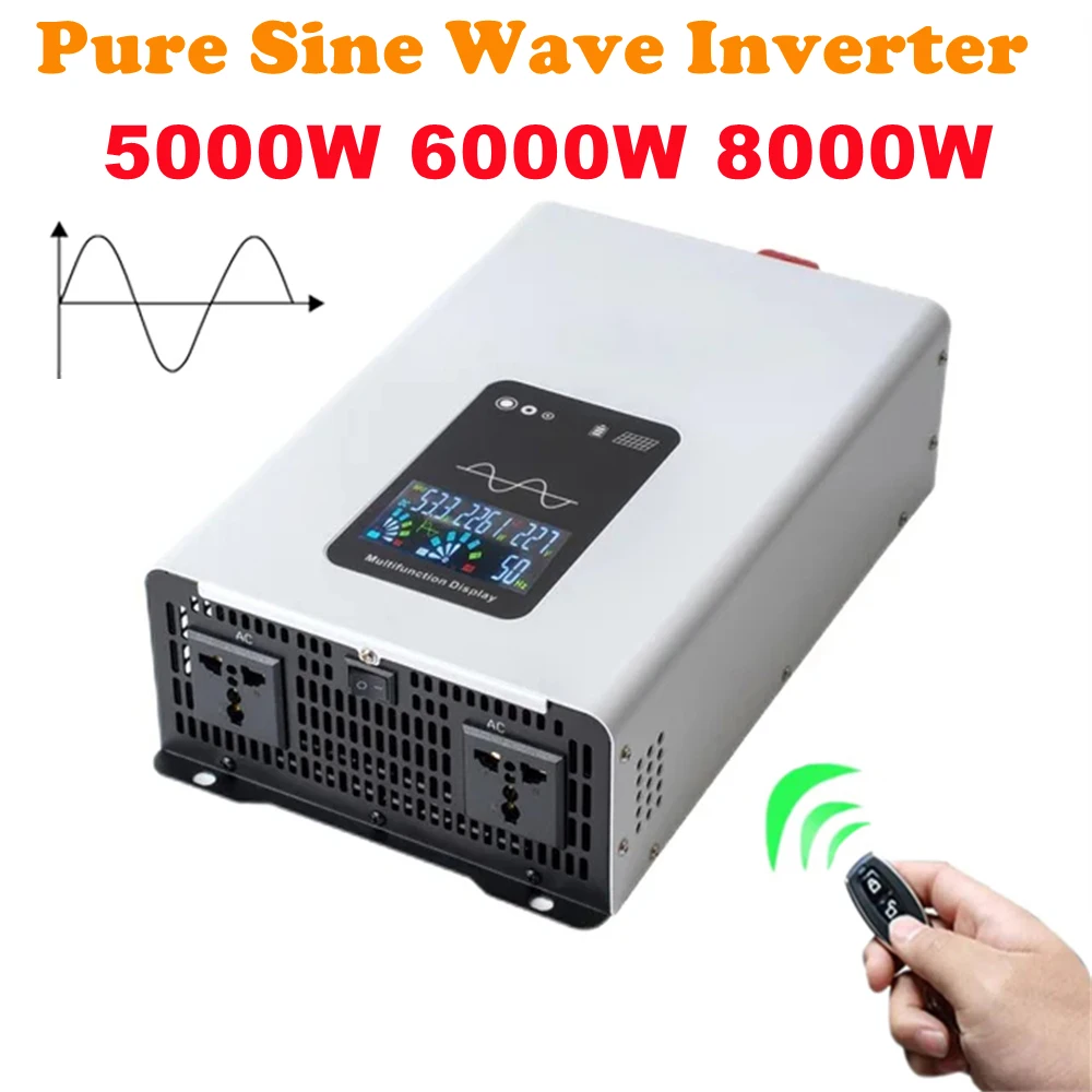 Inverter gelombang sinus murni, Inverter daya 5000W 6000W 8000W tampilan LCD DC12V 24V ke AC 220V 110V voltase tenaga surya mobil