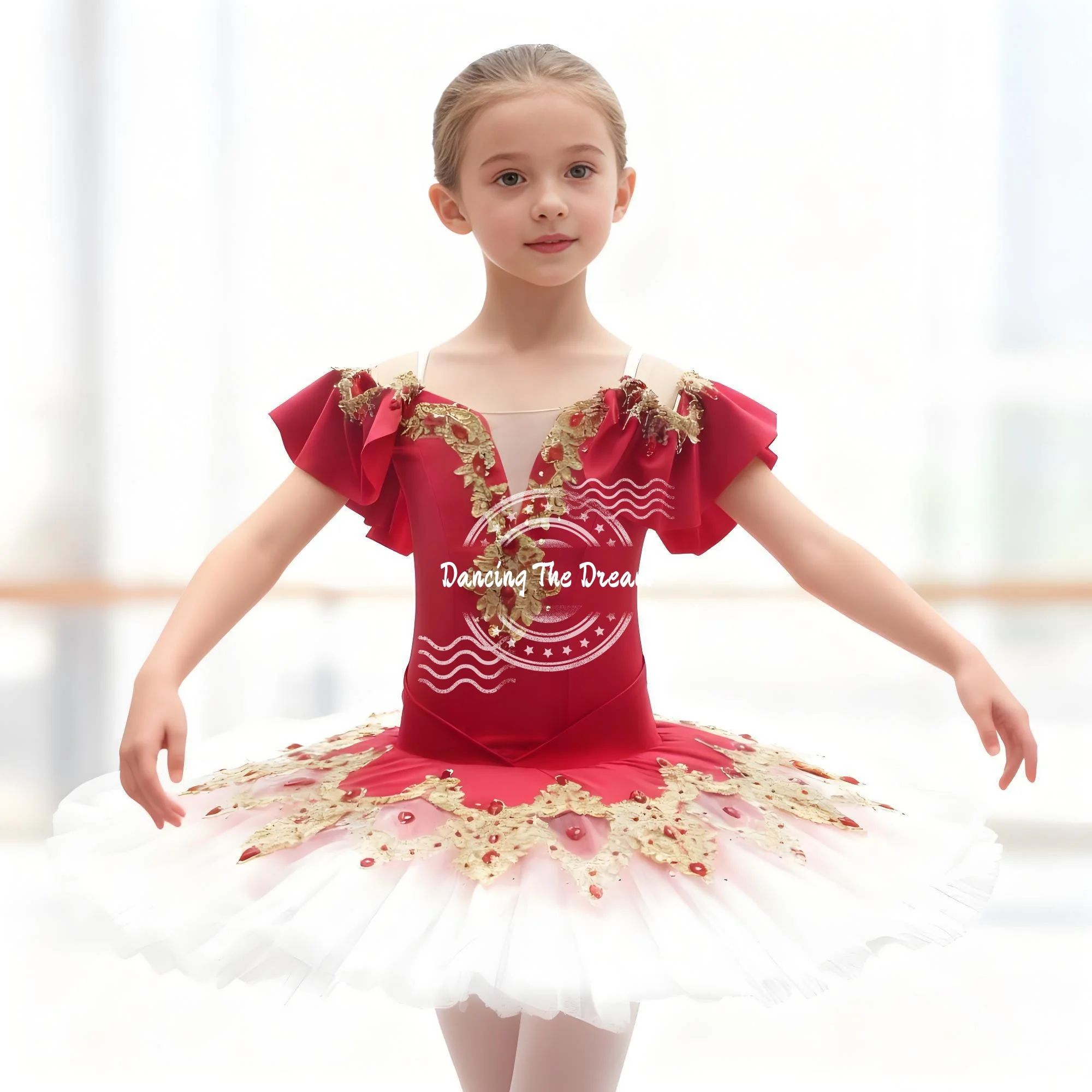 فستان باليه توتو مطرز باللونين الأحمر والذهبي للأطفال