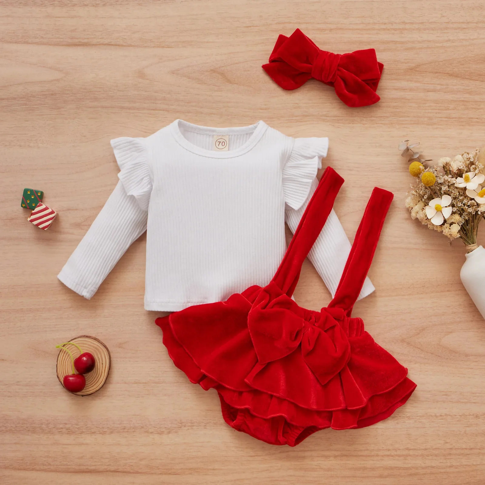 Baby Children's First Year Photography Clothing Red Velvet Strap Dress Long sleeved Top Halter Dress baby photoshoot outfit