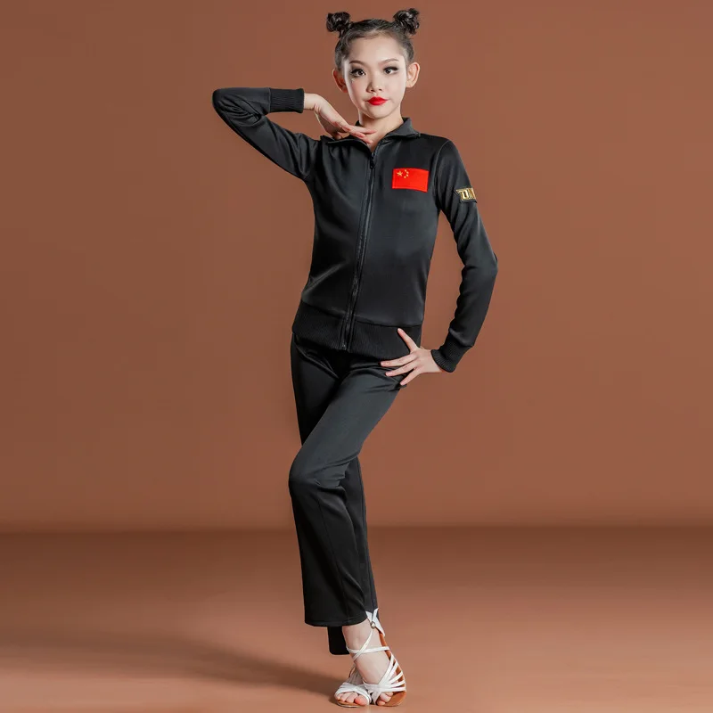 Terno de dança latina personalizado, vestido de prática para meninas, competição profissional, vestido escolar, uniforme de manga comprida, calças superiores