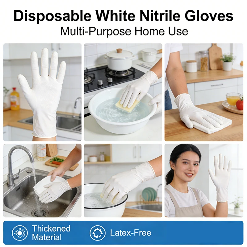 Disposable pure nitrile gloves, 9/12-inch extended, durable white household gloves suitable for daily cleaning and food handling