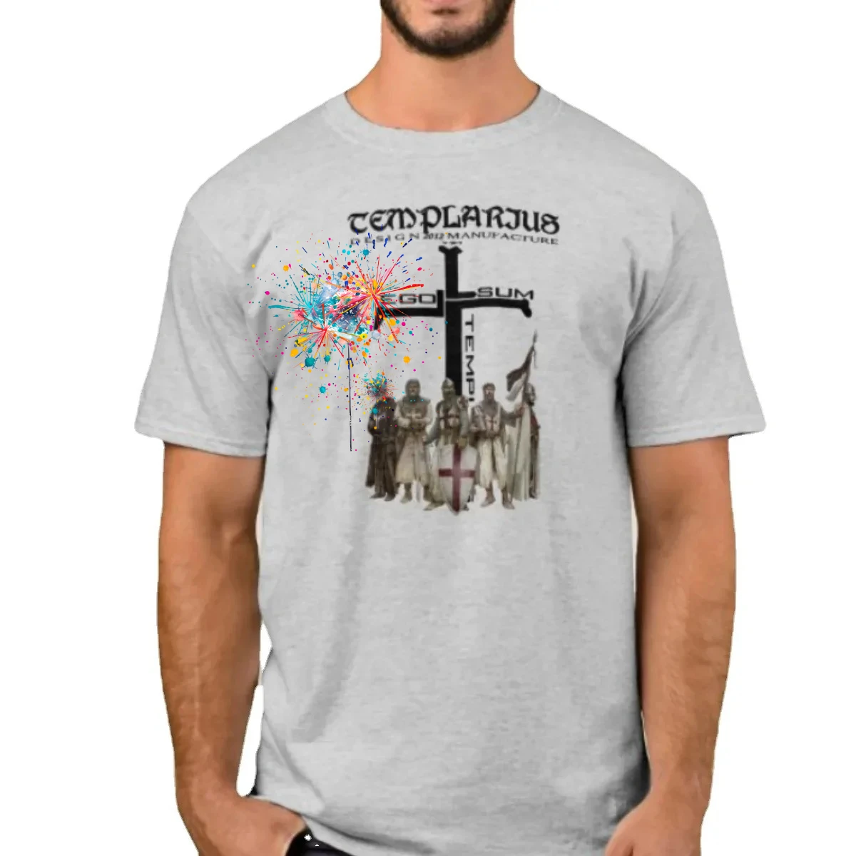 Stylized Cross Sword and Full Armor Templars Graphic T-Shirt. Summer Cotton Short Sleeve O-Neck Mens T Shirt New S-3XL