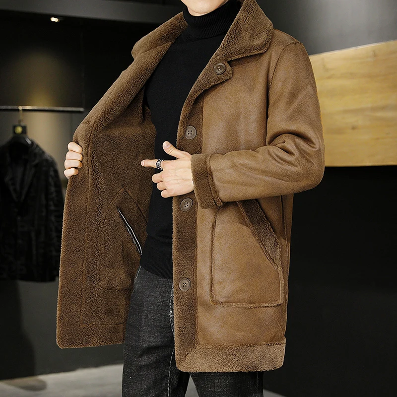 

High-quality men's mid-length, fleece and thickened coat with lapel, double-sided wearing fur and grain woolen overcoat