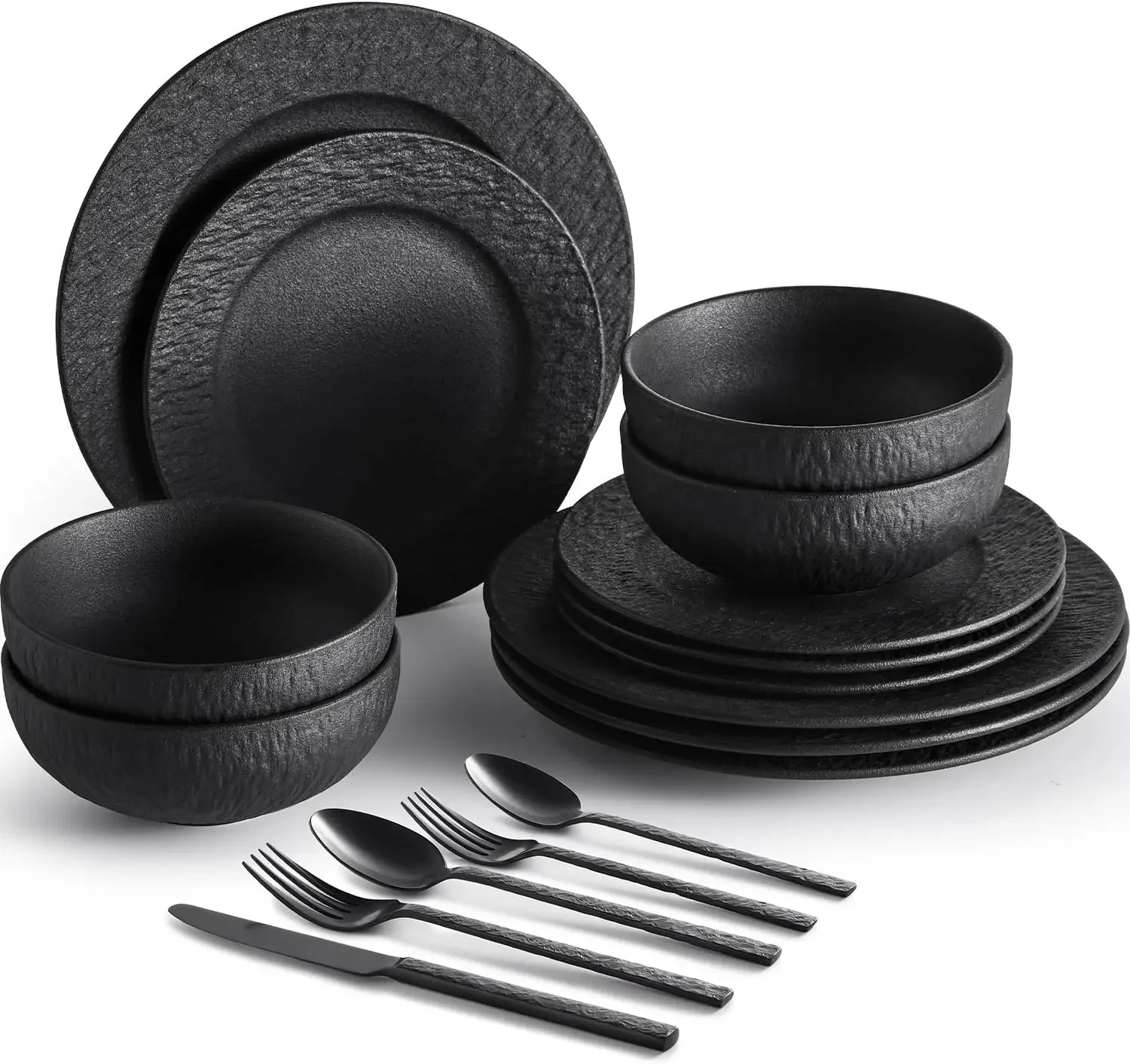 Black Dinnerware Sets with flatware, 32-Piece Matte Marble Pattern Premium Porcelain, Place Setting with Dinner Plate, Salad Pla
