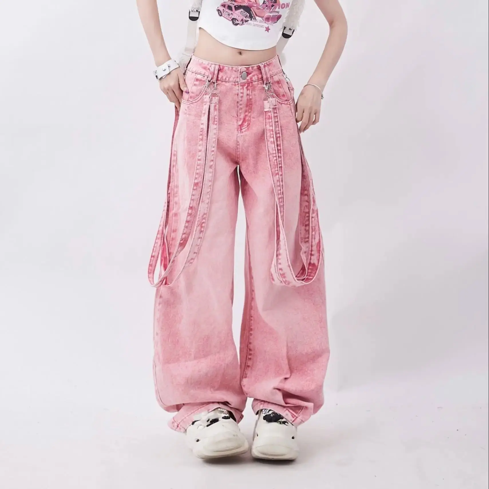 Jeans Lace Up Pink Oversize Vintage Belt Wide Leg Causal Denim Trousers Women Y2K Harajuku Hip Hop Korean Straight Pants