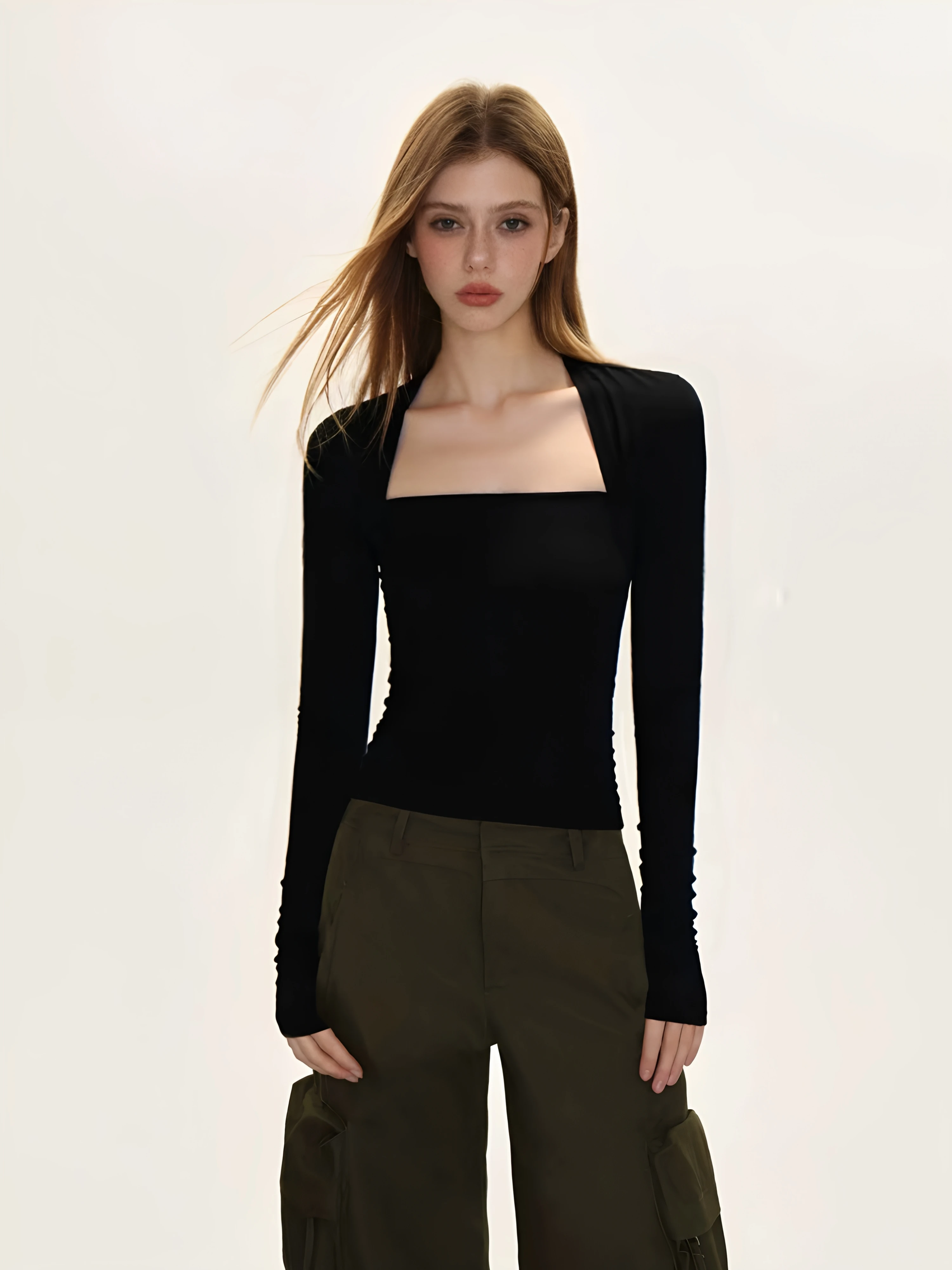 Spring Autumn 2026 Women's Slim Fit Long Sleeve T-Shirt Square Collar Base Shirt Sexy Inner Wear Shoulder Level Outerwear