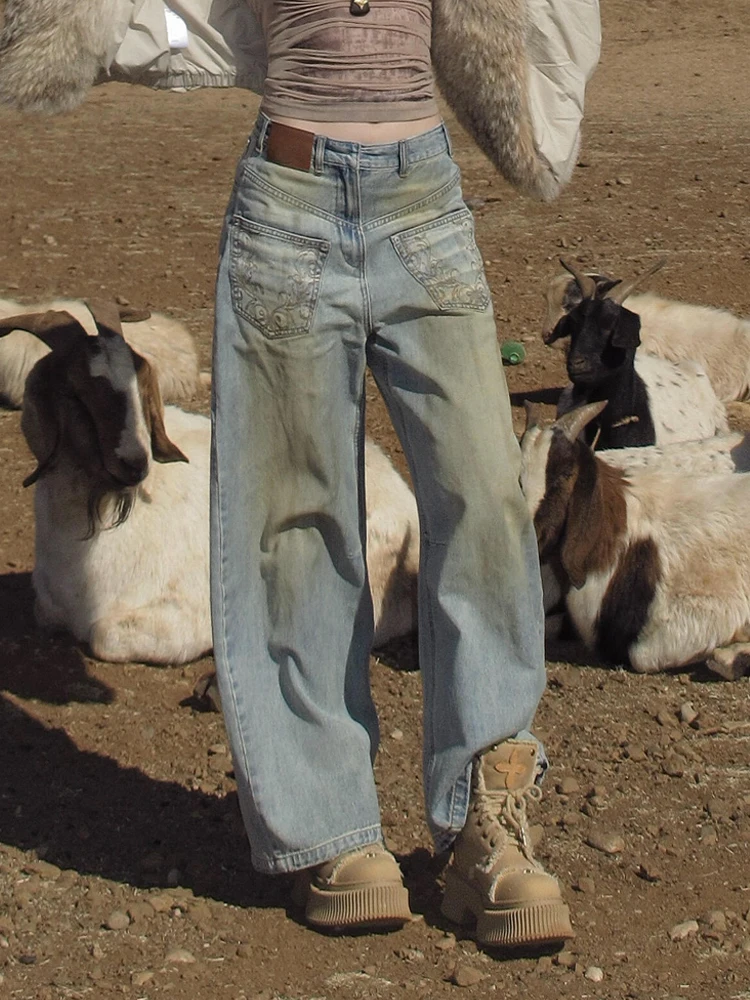 

American High Street Deconstructed Design Sense Off-Kilter Embroidery Jeans Women Sexy Dir Dyeing Vintage Long Pants