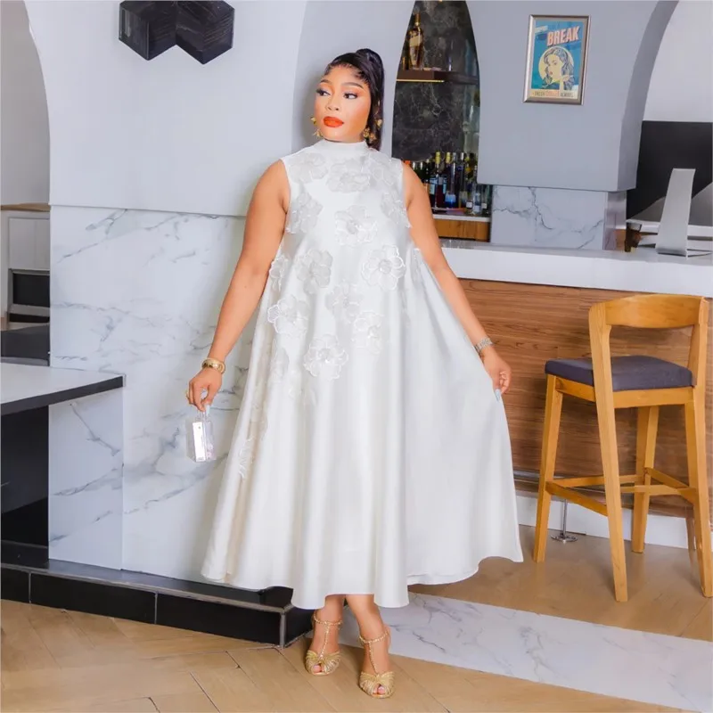 

New Elegant Women Sleeveless Loose 3D Flower Print O-neck Long Dress Summer Fashion Street Maxi Long Dresses Vestidos