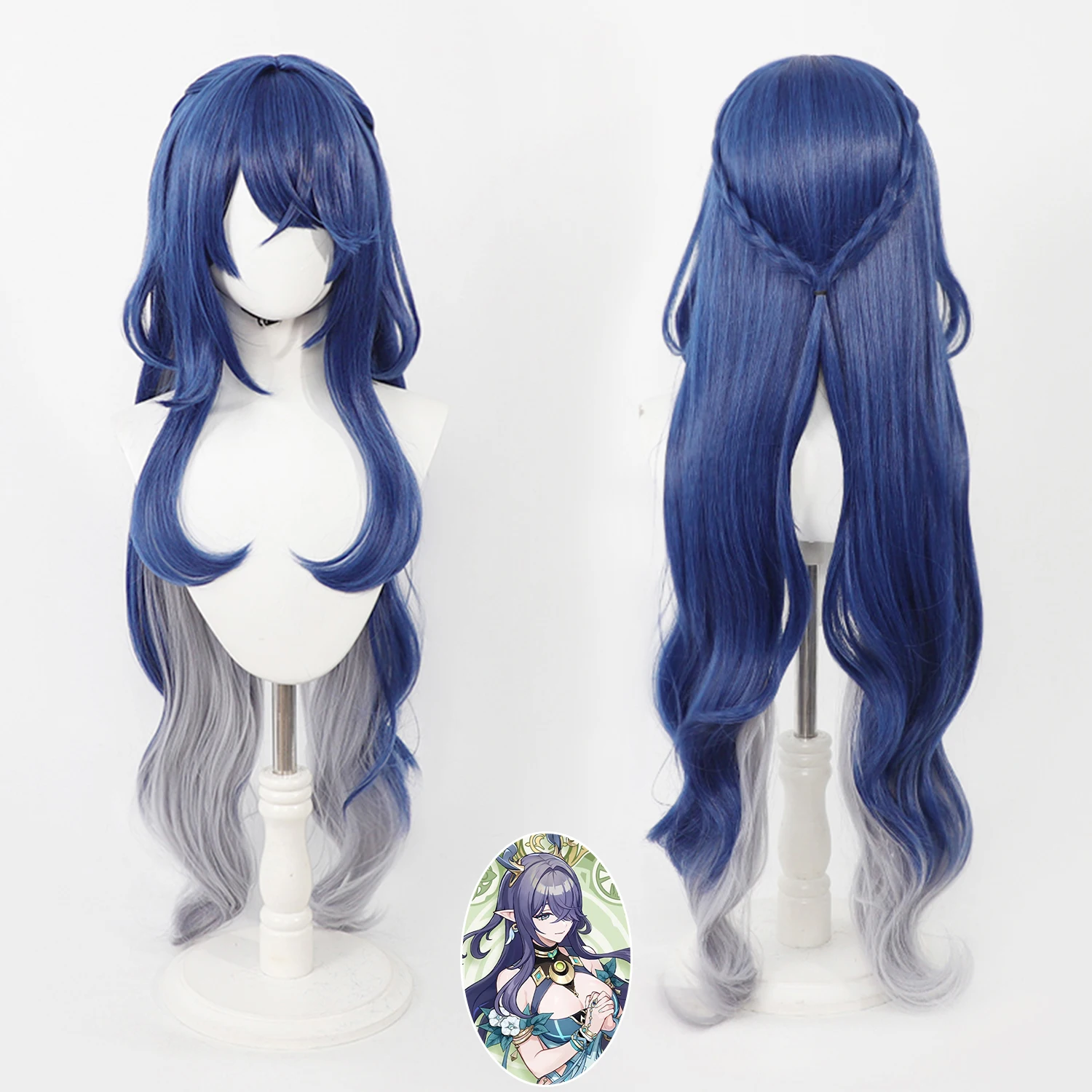Lauma Genshin Impact Cosplay Wig Blue‑Grey Ombre Long Wavy Synthetic Realistic Scalp Braided For Anime Comic‑Con Halloween Party