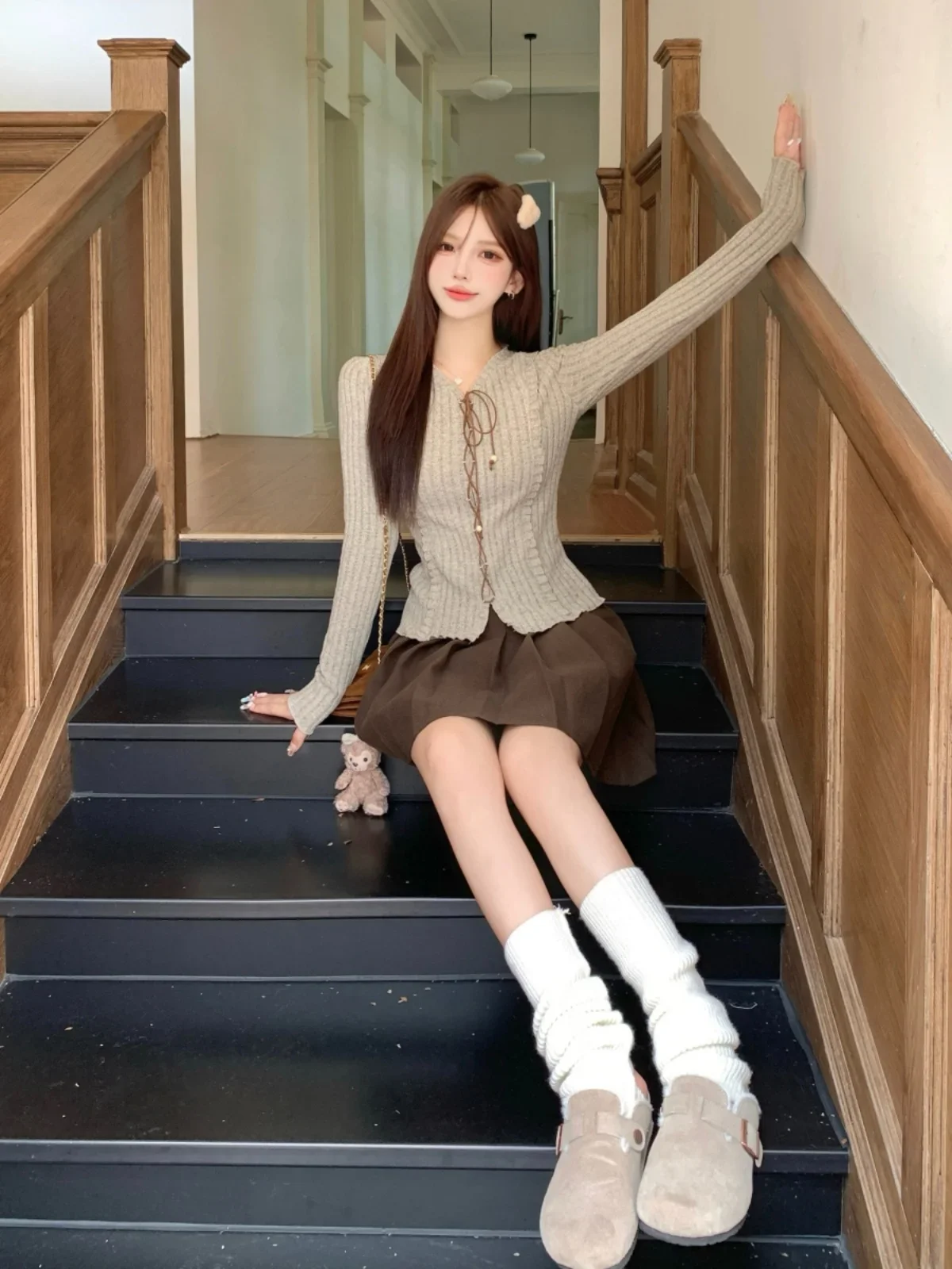

Sweaters Women Drawstring V-neck Korean Style Pullovers Office Lady All-match Fashion Youth Cute Girl Autumn New Design Popular