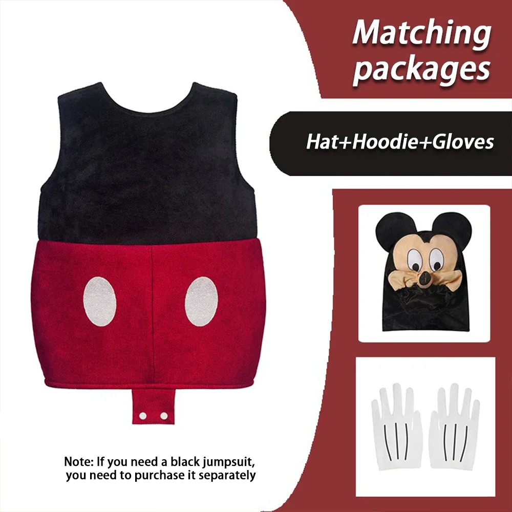 クラシックなミッキー風フルコスプレセット、象徴的な赤いショートパンツ、大きなボタン、白い手袋、耳、フード、コンベンション、パーティー、パフォーマンス用