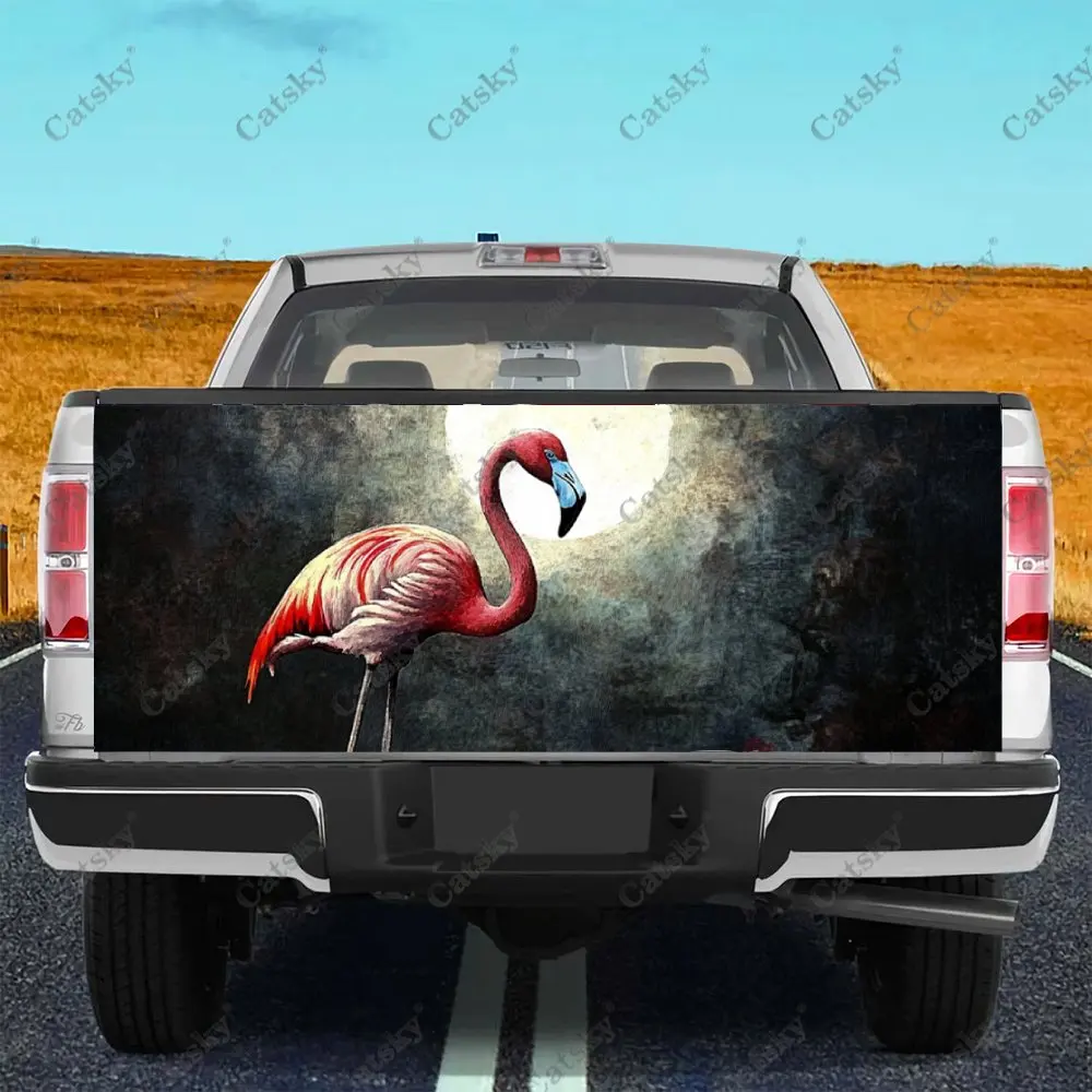 Pink Flamingo Full Moon Print Car Tail Trunk Protect Vinly Wrap Cover Decal Auto Accessories Hood Sticker for Off-road Pickup