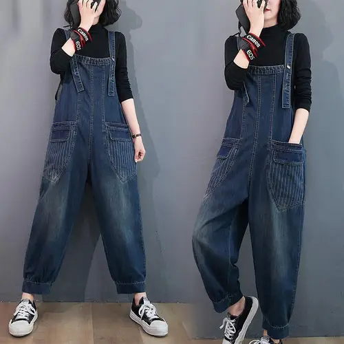 Imagen 1 del producto Pantalones vaqueros holgados con bolsillos para mujer, peto con tirantes para el hombro, mono informal Retro de talla grande, moda de otoño, 2024