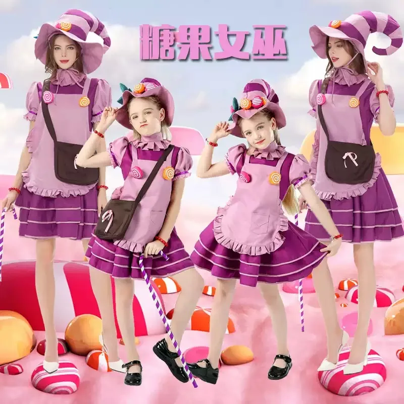 Candy Witch Cosplay Costume Set with Hat Apron Scarf Bracelets Crossbody Bag for Adults Kids Halloween Role‑Play Fancy Dress‑Up