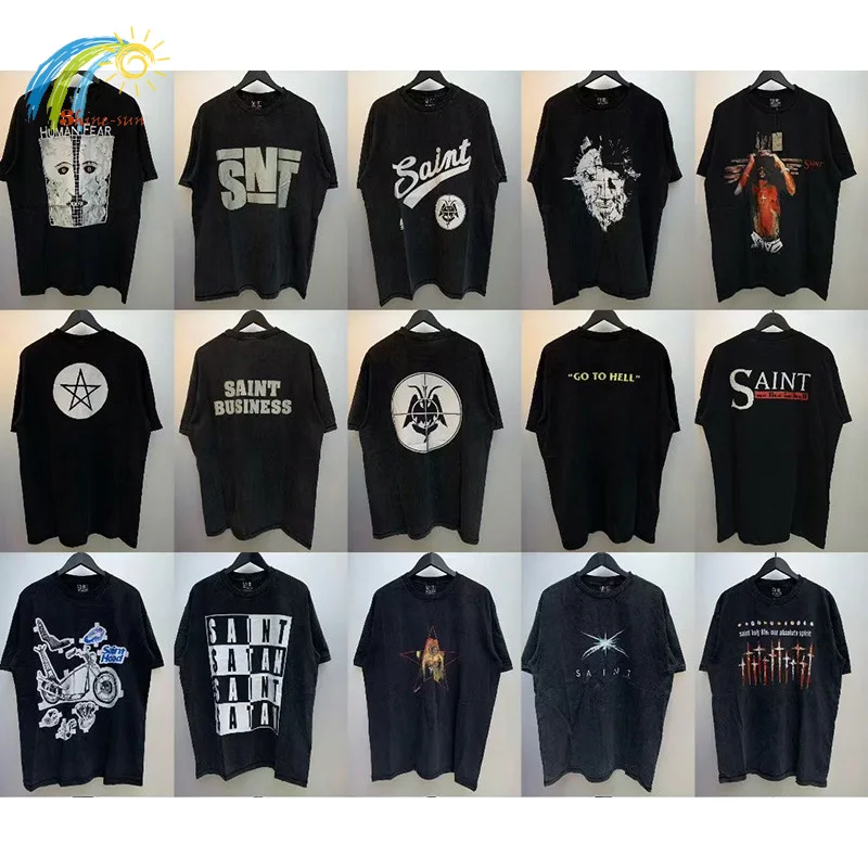 24SS High Quality Oversized Vintage Washed Black Saint T-Shirt Men Women Classic Logo Print T Shirt Tops Tee Inside Tags