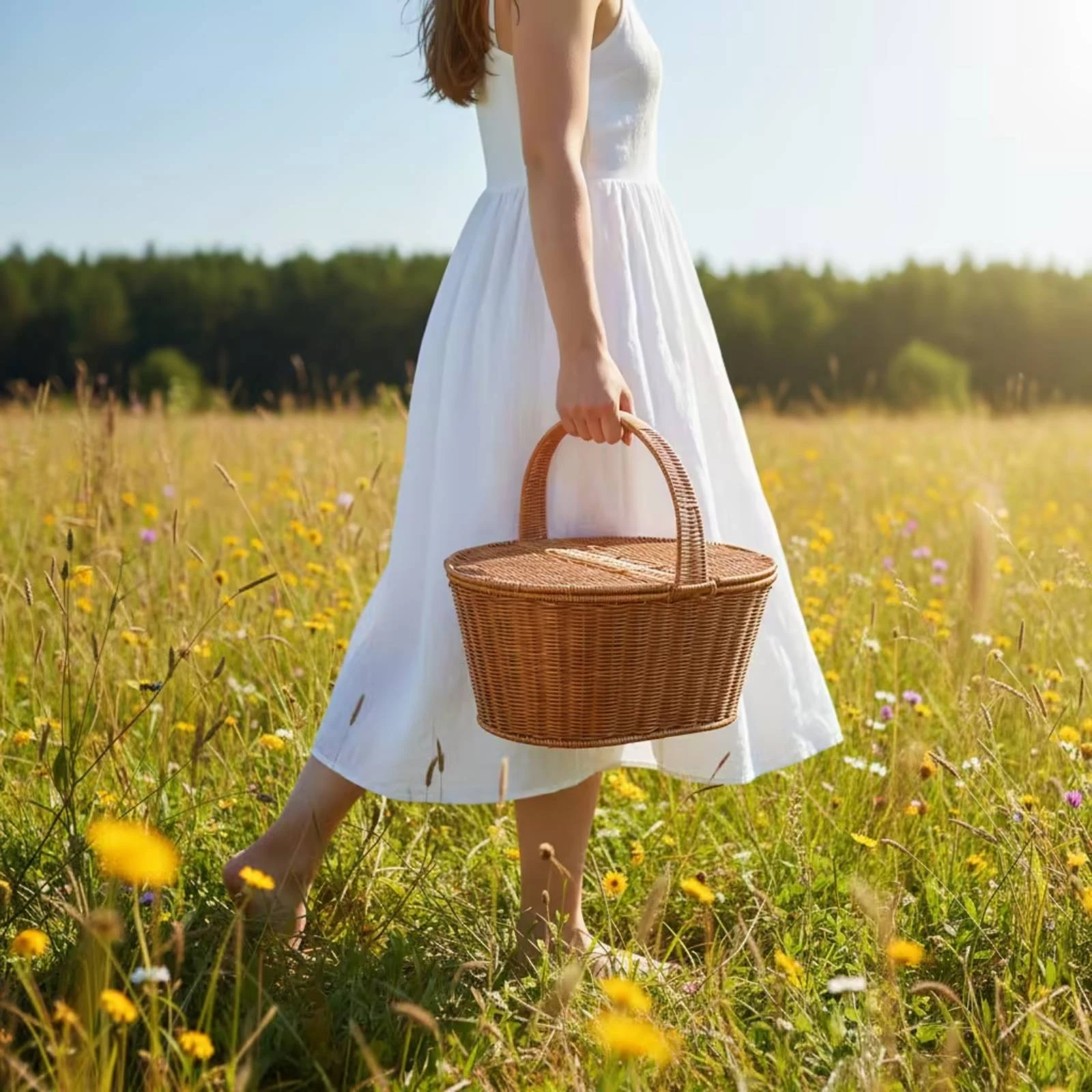 Picnic Basket with Lid Sturdy Basket with Handle Lightweight Handwoven for Storage, Shopping