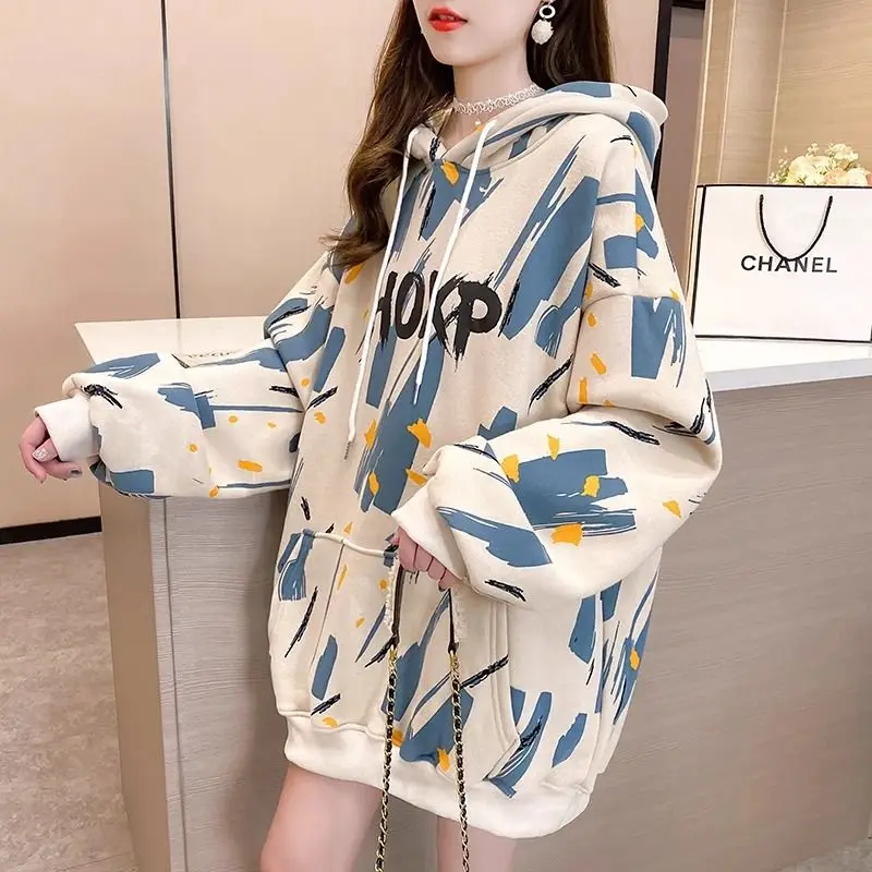 Spring and Autumn Korean Mid Length Hoodie Oversized Loose Fitting Women's Top Sweatshirts Pullover Hoodies Streetwear Women