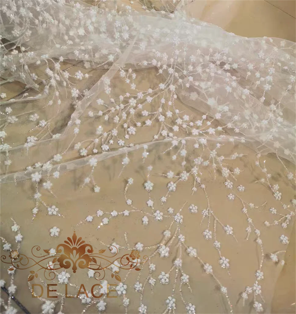 

YCM Exquisite DIY White Wedding Dress Fabric Embroidered Net Fabric Featuring Beautiful Floral Lace