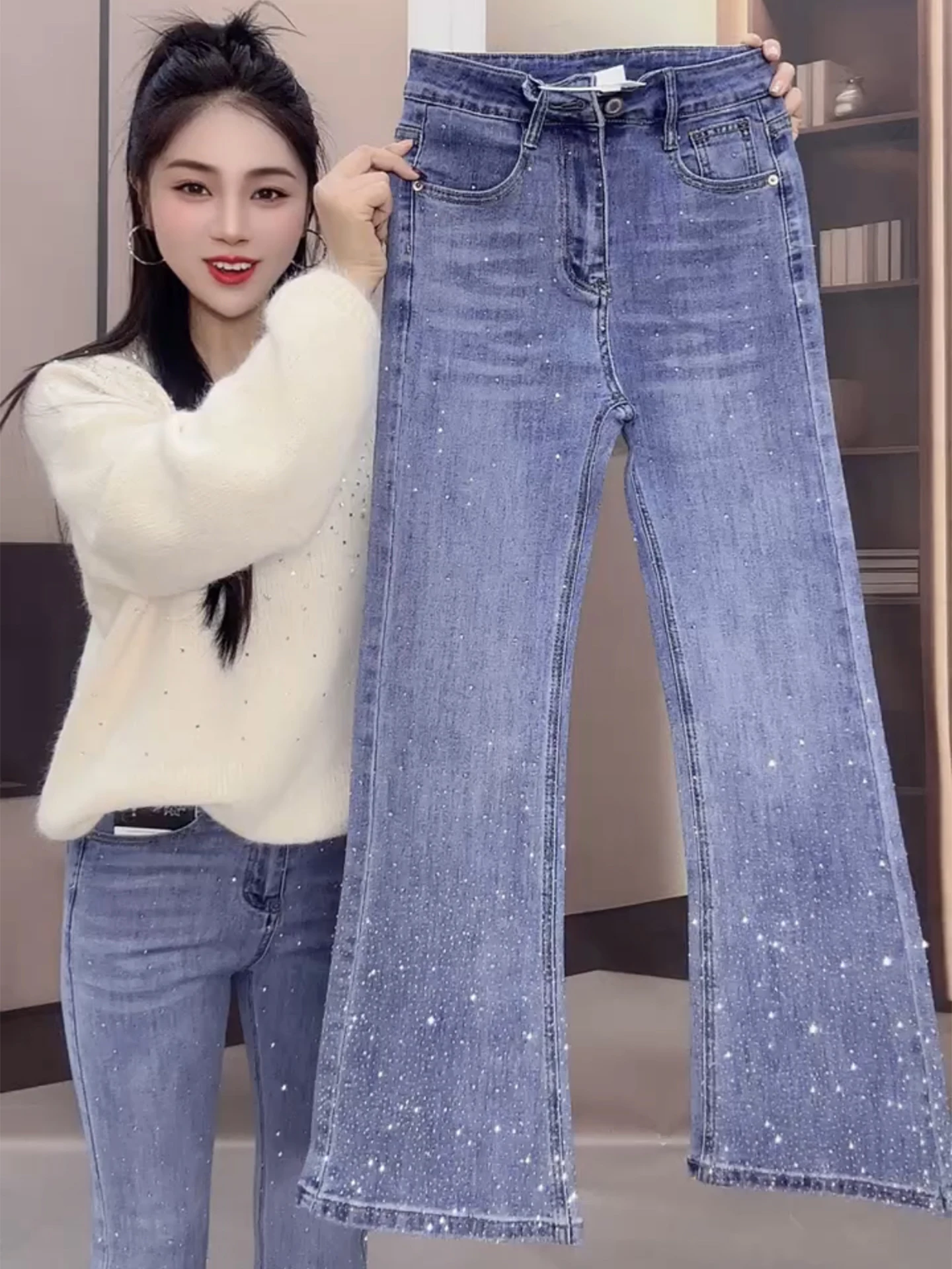 

Американские джинсы-клеш с высокой талией из синего денима для женщин, весенние модные эластичные блестящие брюки прямого кроя