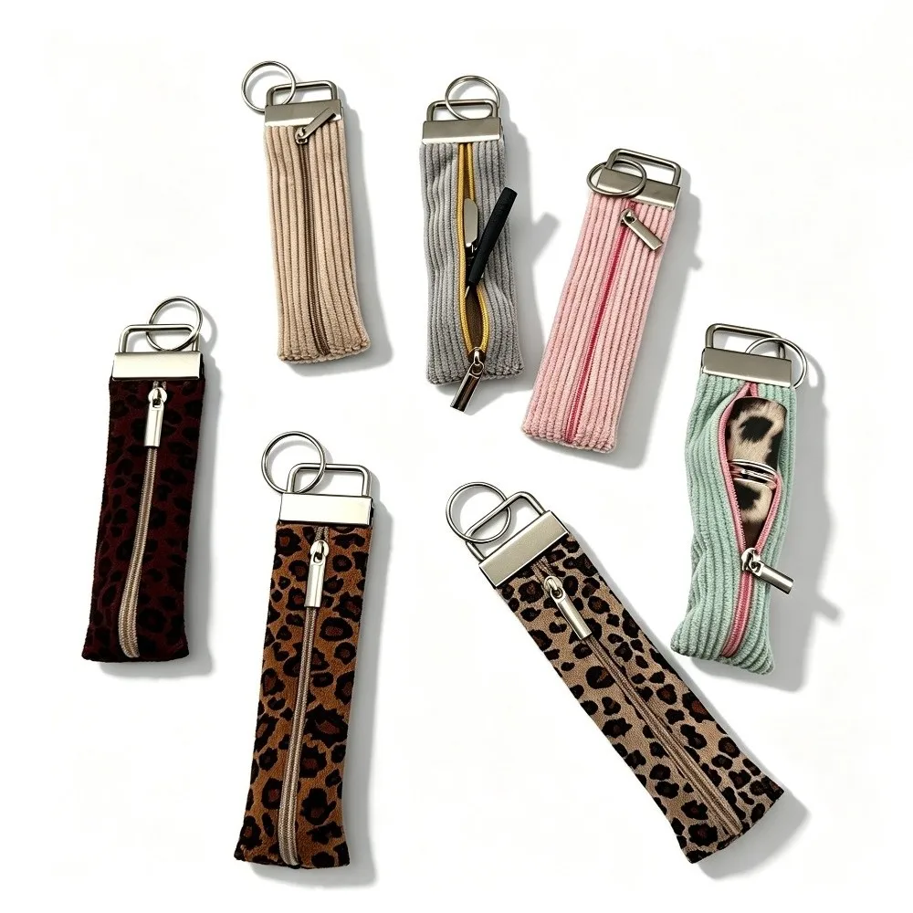New Leopard-print Storage Pouch Mini with Hanging Ring Coin Purse Corduroy Zipper Travel Key Case