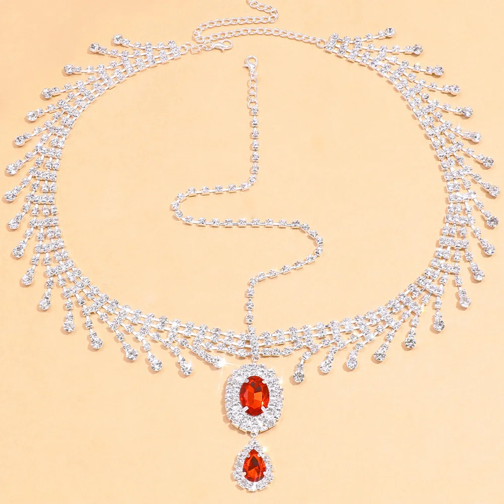 Stonefans Boho Red Crystal Headband Hair Chain Women Water Drop Forehead Pendant Rhinestone Head Chain Bridal Headpiece Jewelry
