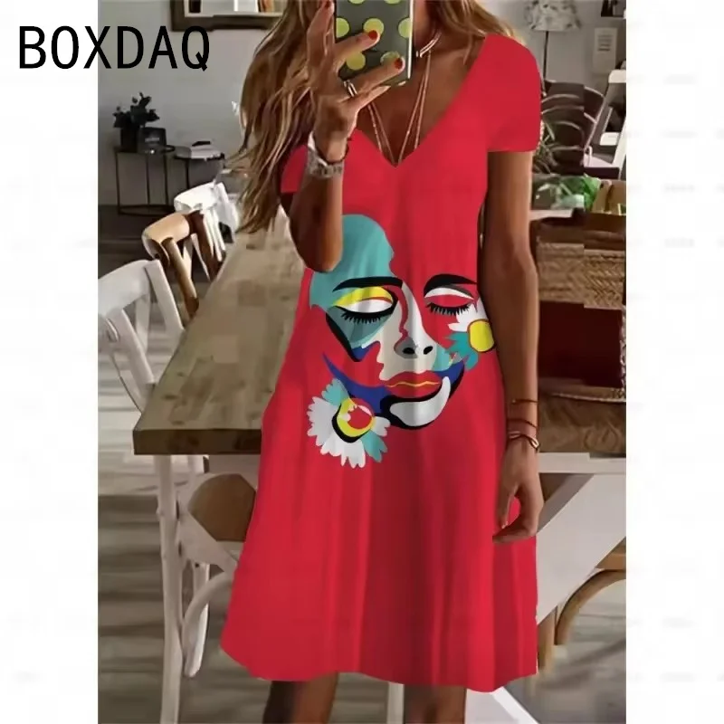 3D Funny Abstract Art Colorful Face Printed Dress Summer Women Short Sleeve V-Neck Casual Loose A-Line Dres Big Size Vestidos