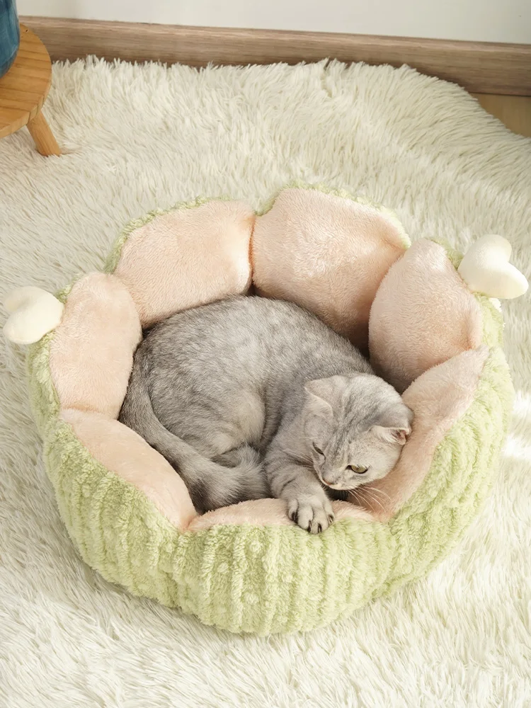 Cat Nest Winter Warm Semi-Enclosed Four Seasons Universal Pet Bed Washable Petal Kennel