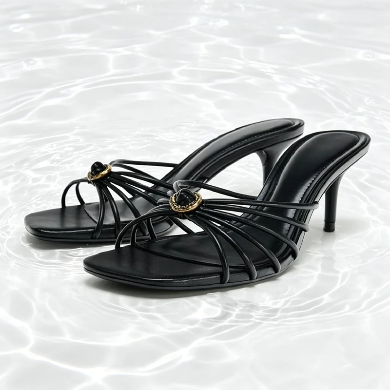 

Fashion Metal Detail Mules Sandals for Women Sexy Open-toe Square-toe Stiletto Slide Sandals Unique Narrow Band Designer Shoes