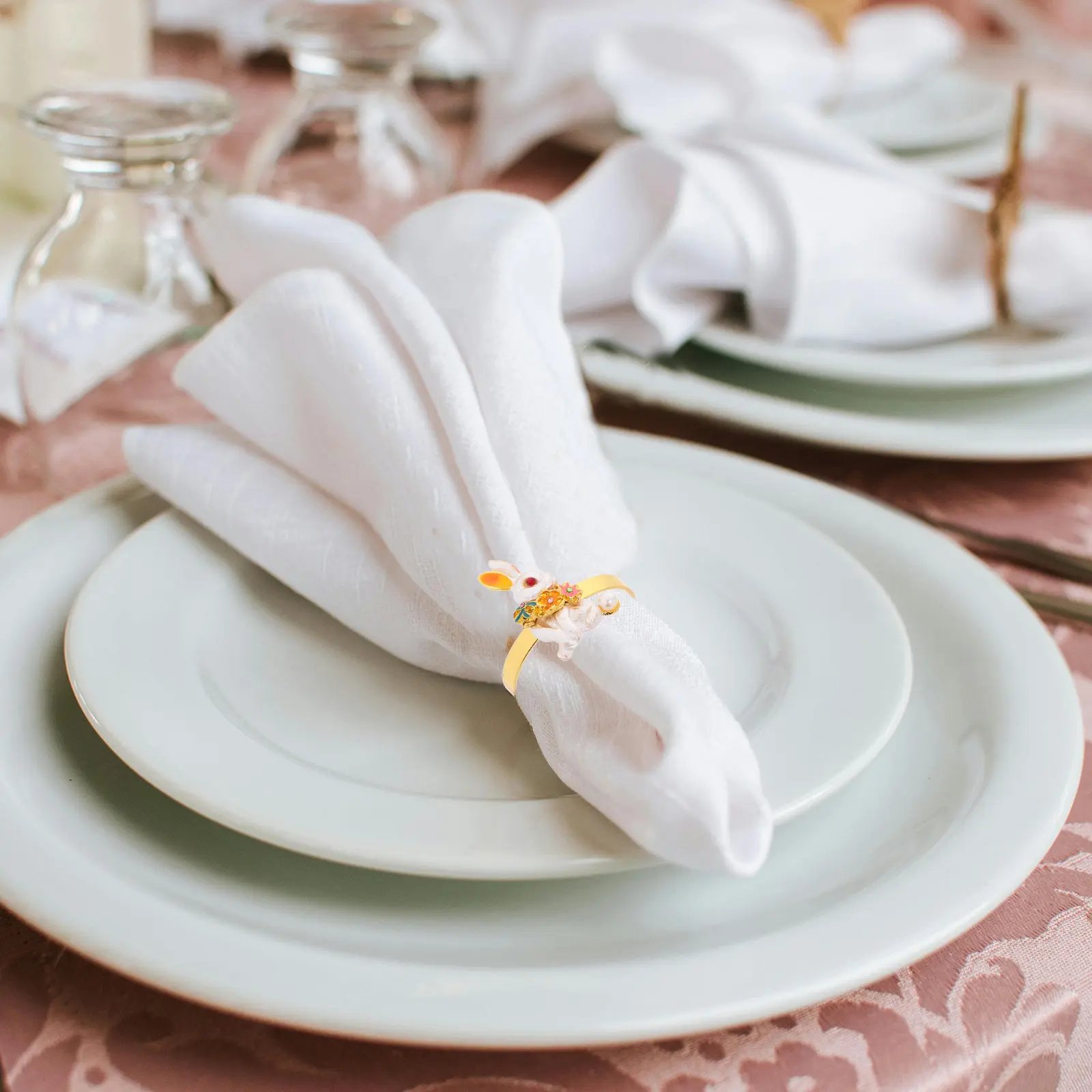 

4Pcs Easter Napkin Rings Bunny Alloy Pearl Rabbit Buckles Holiday Table Decor Dinner Napkin Holders Easter Party Decor