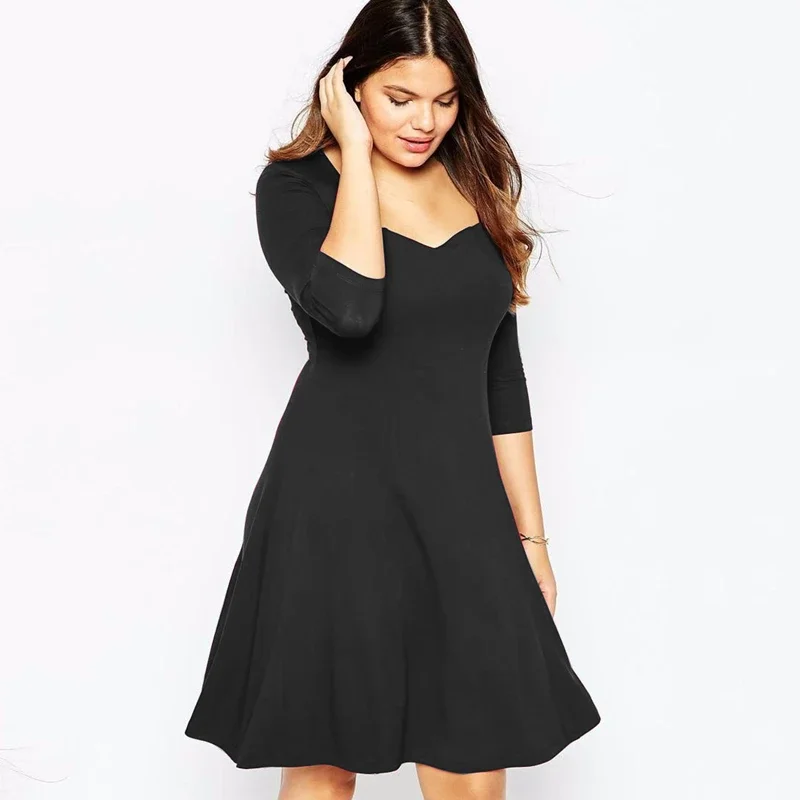 Plus Size Square Neck A-line Dress Women Quarters Sleeve Knee Length Elegant Office Lady Dress Spring Casual Dress 5XL 6XL 7XL