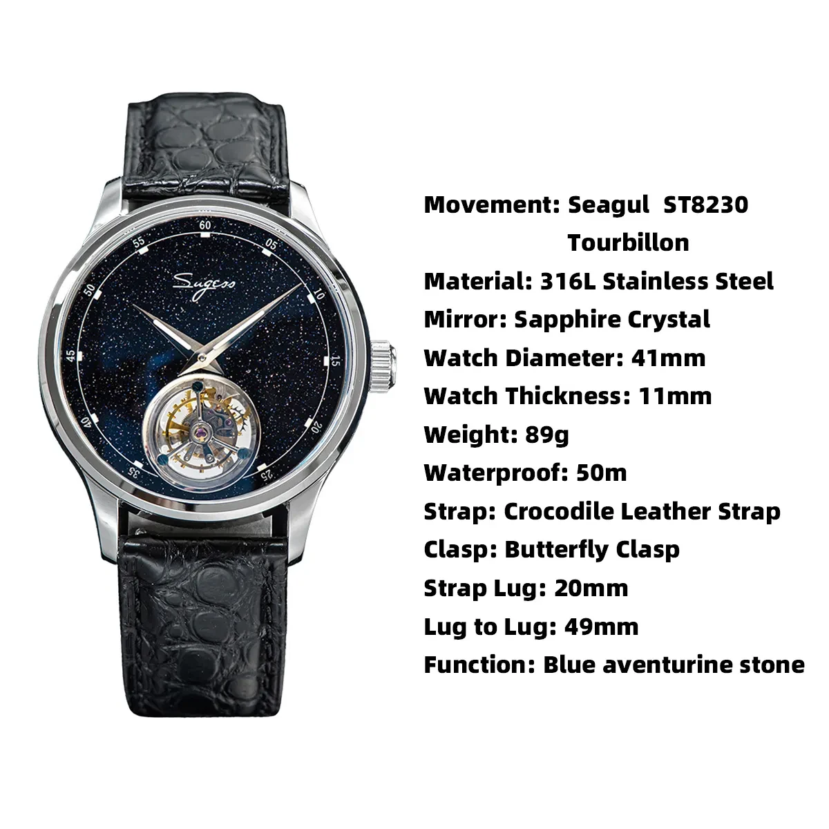 2023 Sugess Tourbillon Mens Watch Tianjin ST8230 Movement Blue Aventurine Stone Luxury Mechanical Hand Wind Watches Crocodile