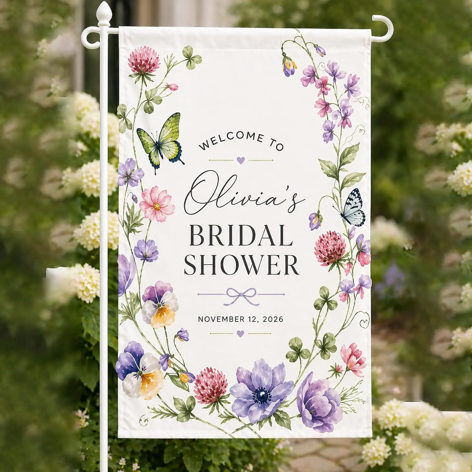 Personalized Bridal Shower Garden Flag, Custom Name Wildflower Bridal Shower Banner with Butterflies, Romantic Wedding Showe MMZ