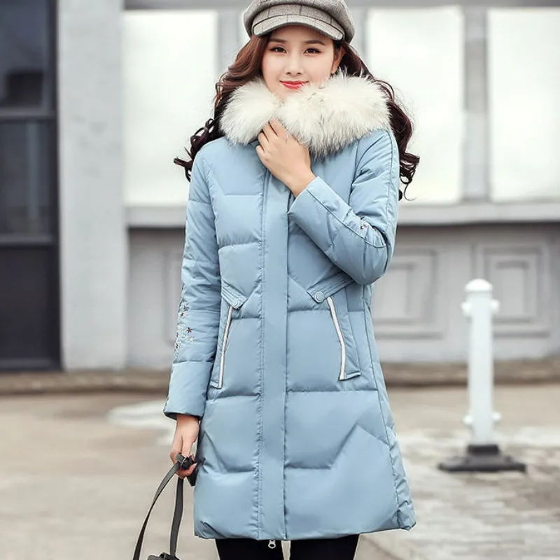 

2023 New Women Down Jacket Winter Coat Female Mid Length Version Parkas Loose Thick Warm Outwear Fur Collar Hooded Overcoat