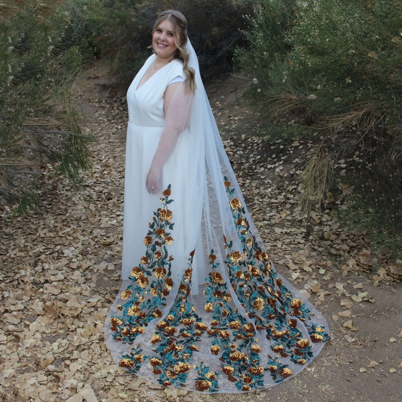 Veli da sposa floreali con paillettes scintillanti con pettine cattedrale lungo bianco avorio tulle foglie verdi fiori dorati stellati unici