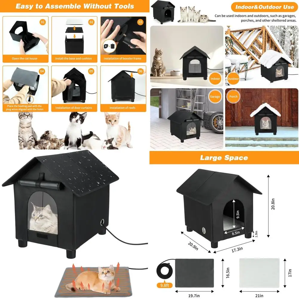 

Winter-Proof, Elevated Insulated Outdoor Cat Shelter with Escape Door for Cats & Small Dogs (Black, Large)