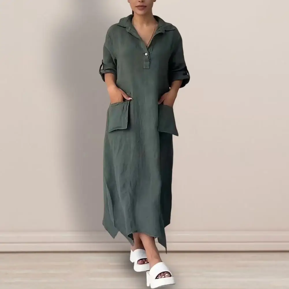 

Женское свободное платье-трапеция, однотонное платье на пуговицах, женское платье-рубашка с воротником на пуговицах, двойная одежда для женщин
