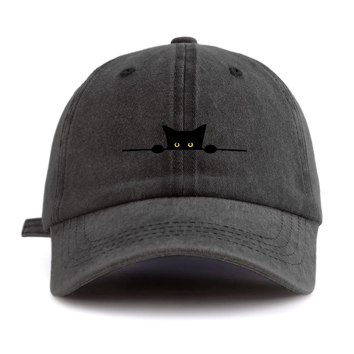 Cute Peeking Black Cat Washed Baseball Cap Funny Yellow Eyes Graphic Printed Hat Retro Adjustable Dad Hat Sport Cap Men Women